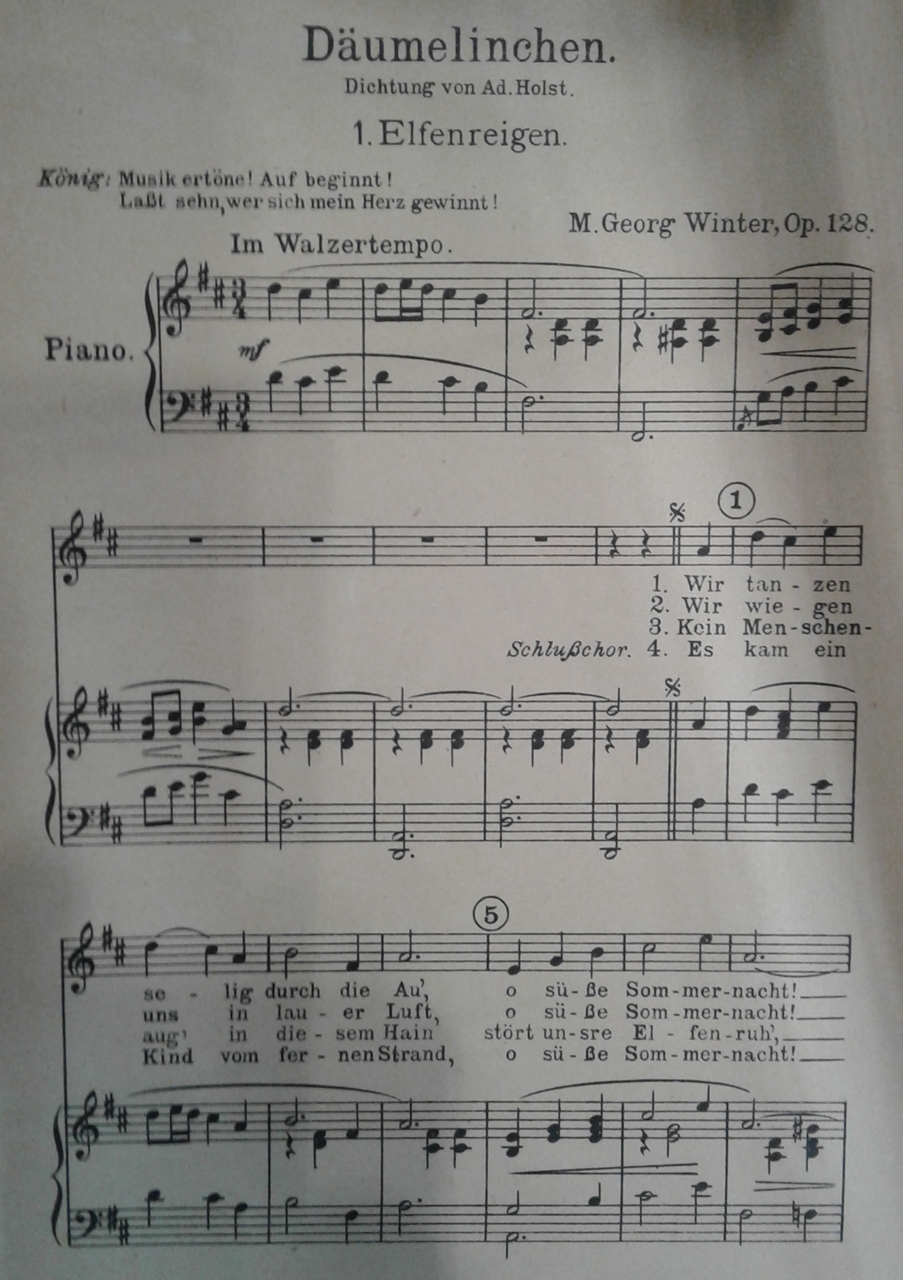 Ausschnitt aus dem Elfenreigen aus dem Heft Märchen-Reigen, Nr. VII mit dem Titel Däumelinchen - Text Adolf Holst, Noten M.Georg Winter
(Quelle: Archiv der Stadt Mücheln)