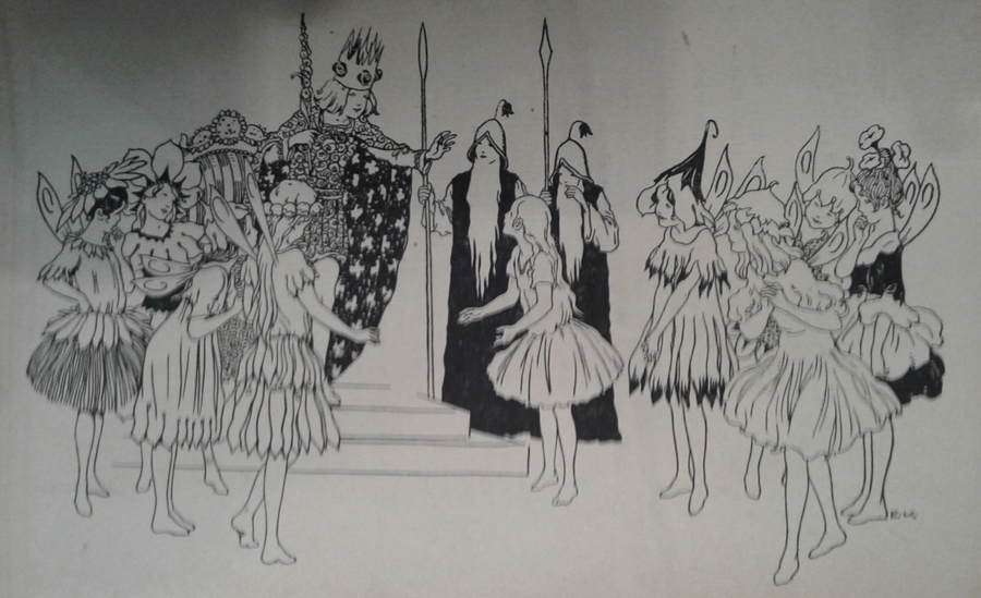 Theatervorstellung mit Elfen und Elfenreigen - aus der Heftreihe Märchen-Reigen Nr. VII mit dem Titel Däumelinchen mit Versen von Adolf Holst
(Quelle: Archiv der Stadt Mücheln)