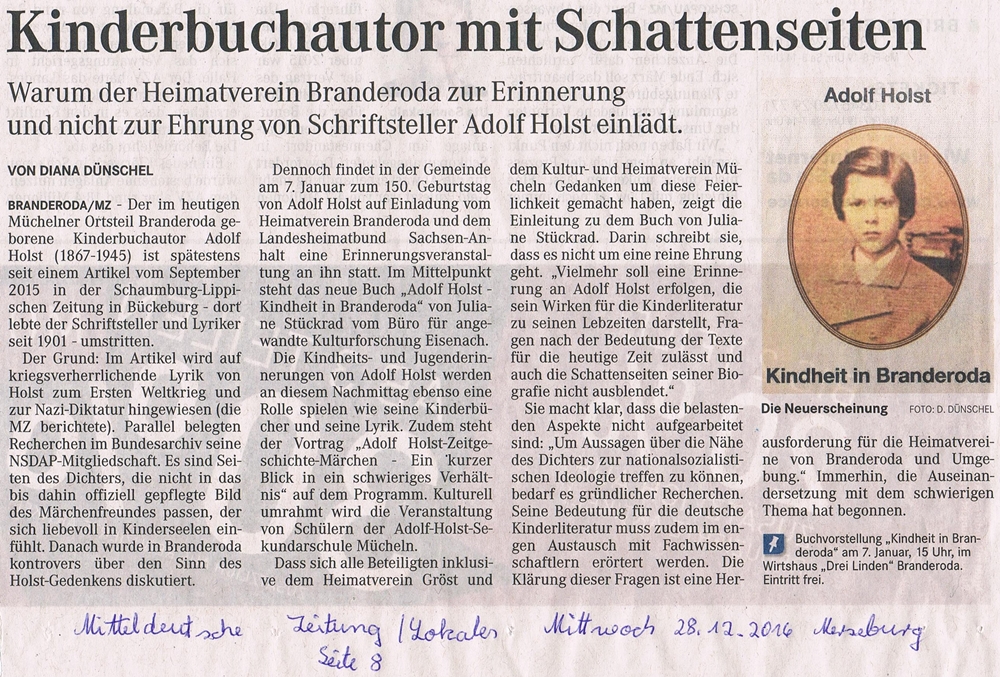 Kinderbuchautor mit Schattenseiten - Warum der Heimatverein Branderoda zur Erinnerung und nicht zur Ehrung von Schriftsteller Adolf Holst einlädt - Mitteldeutsche Zeitung, Lokales Merseburg vom 28.12.2016