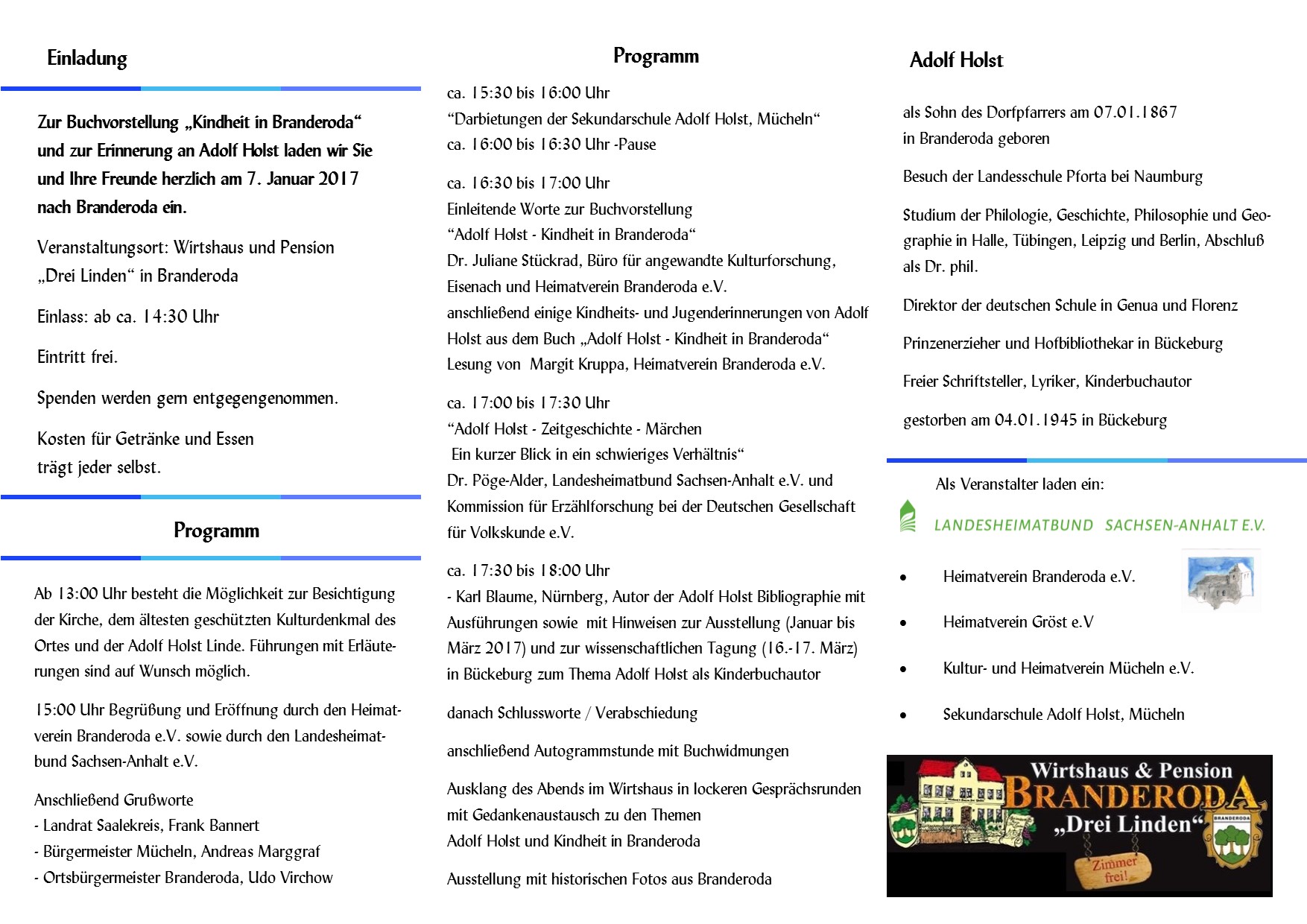 Hinweis-Flyer und Einladungs zur Adolf Holst Veranstaltung am 7. Januar 2017 in Branderoda - Seite 2