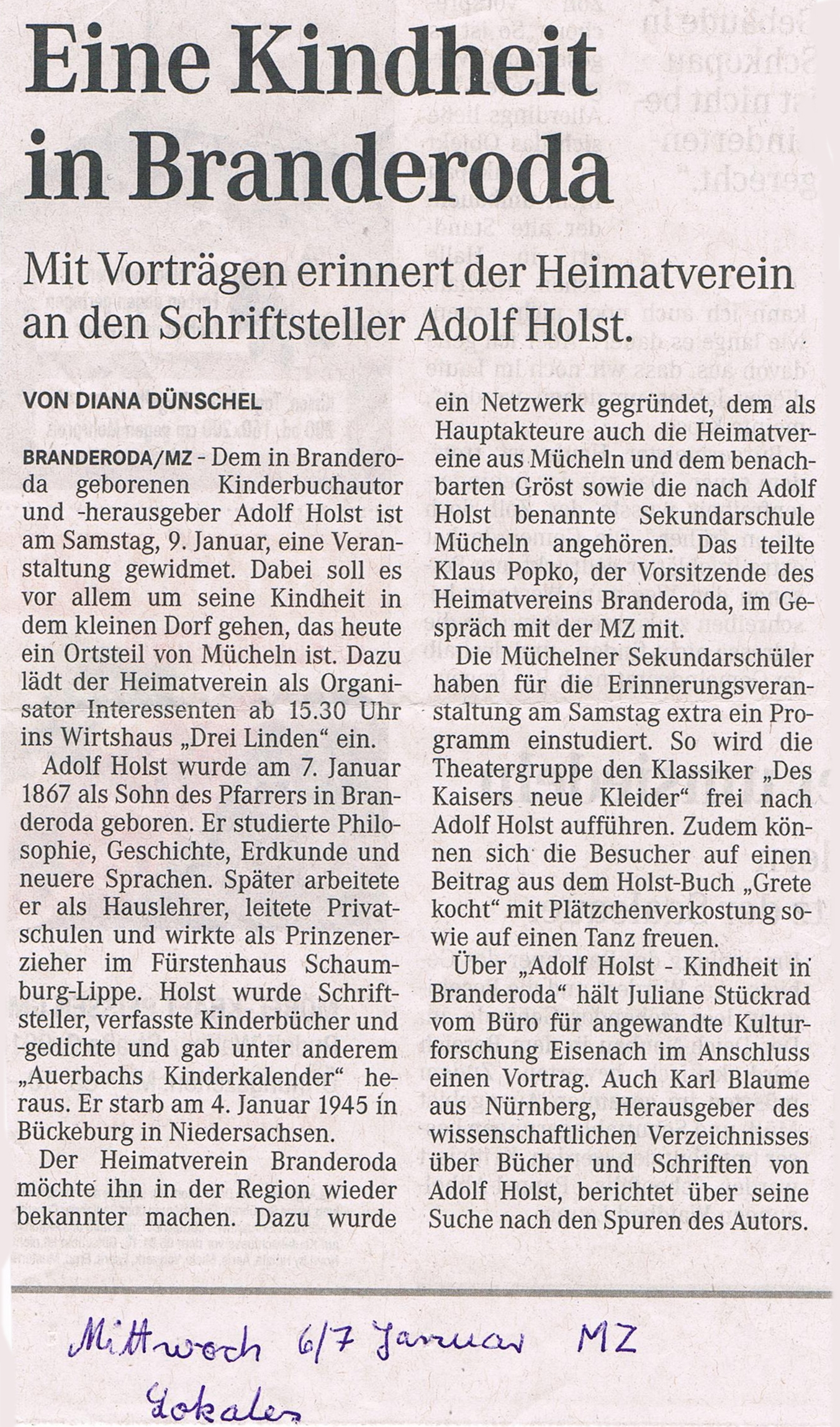 Eine Kindheit in Branderoda - Mit Vorträgen erinnert der Heimatverein an den Schriftsteller Adolf Holst - Zeitungsartikel der Mitteldeutschen Zeitung vom 6.1.2016